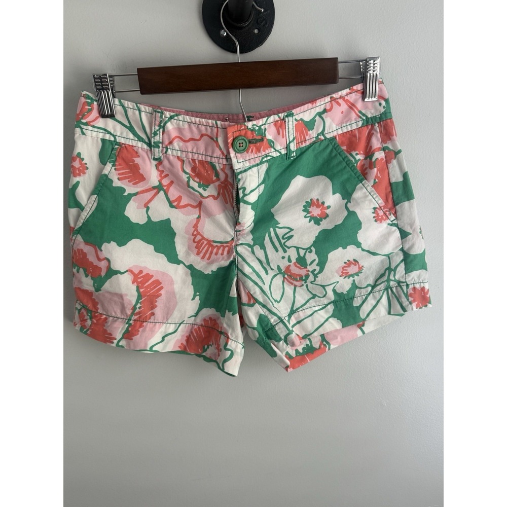 Lilly Pulitzer Women's Barclay Shorts 2 Green Pink Floral Cotton Beach 3" Inseam